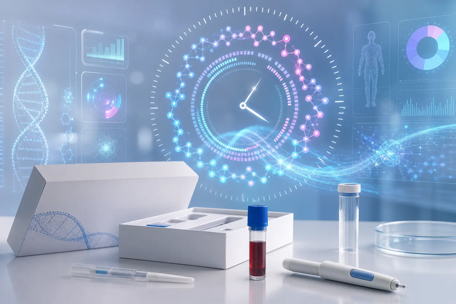 Editorial illustration of a biological age testing kit with epigenetic clock and methylation data motifs