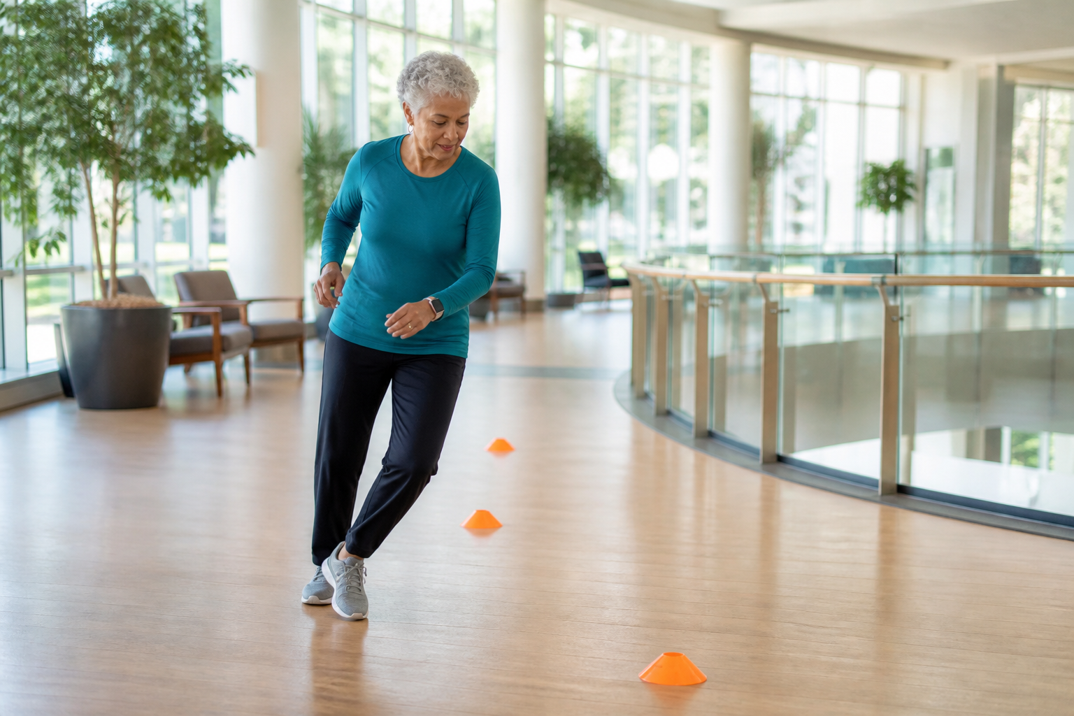 Older adult practicing a controlled turn on a bright indoor walking path