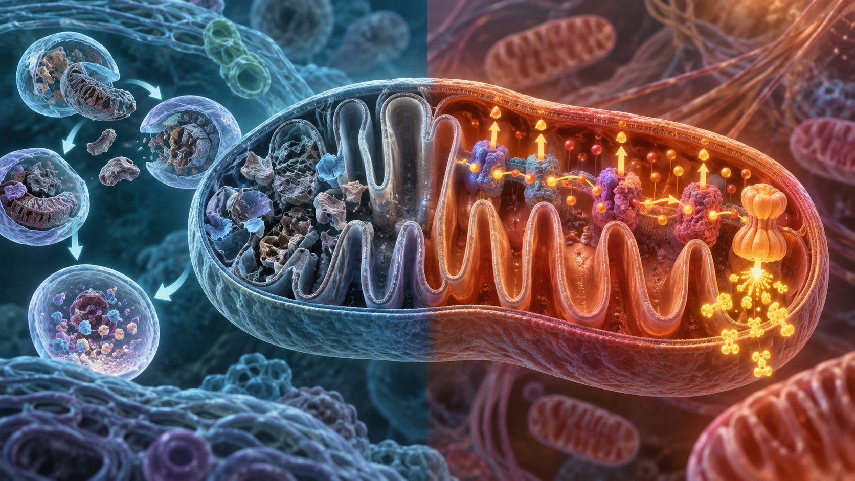 Editorial mitochondrial cross-section contrasting cellular cleanup with energy-transfer pathways