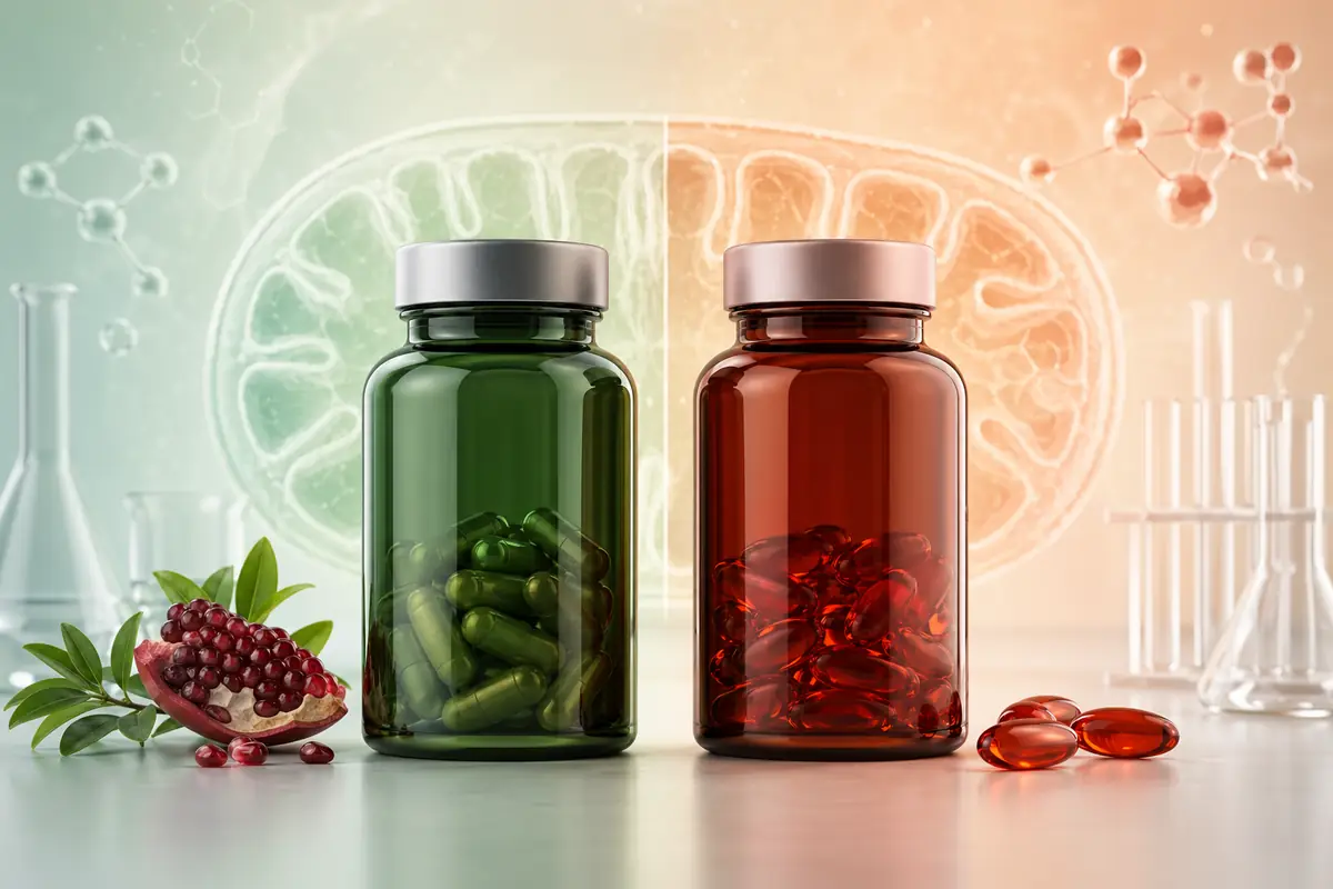 Laboratory-style supplement scene representing a comparison between Urolithin A and CoQ10 for mitochondrial health