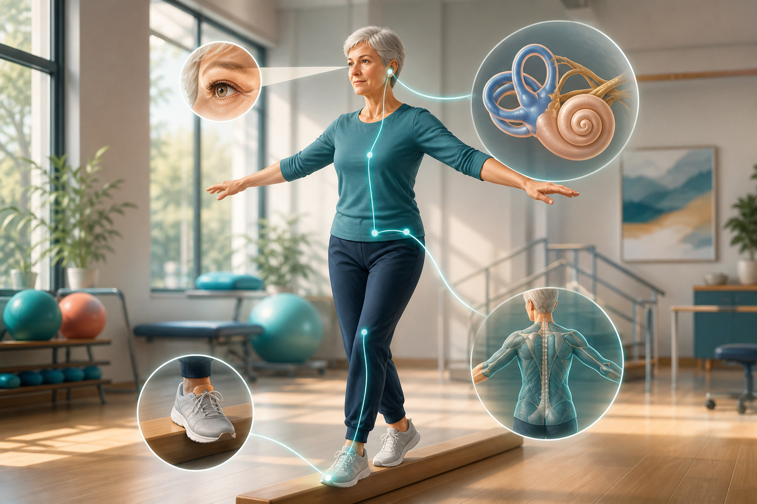 Editorial health illustration of an older adult balancing while the inner ear, vision, and body-position systems coordinate