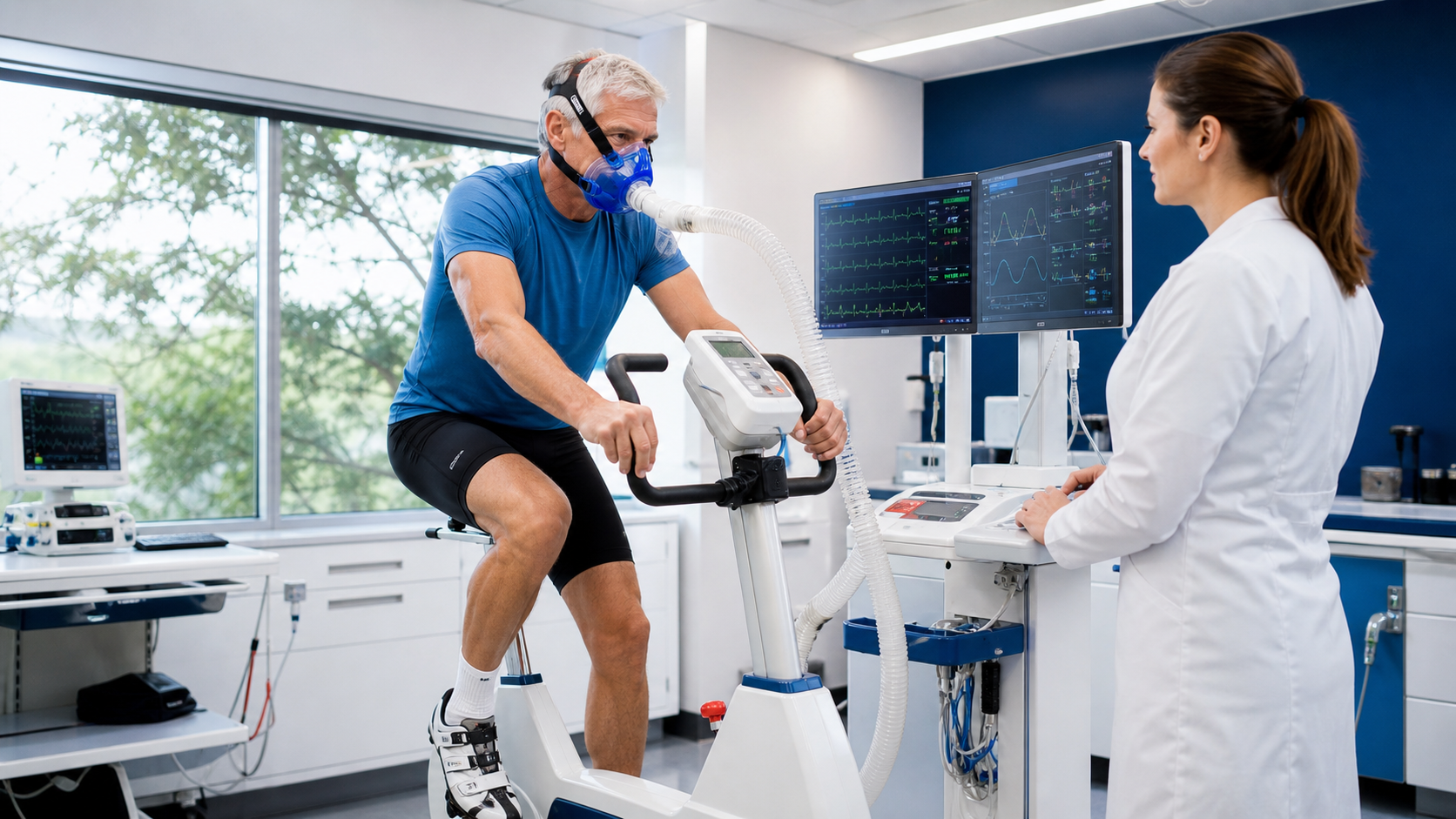 Older adult completing a supervised aerobic fitness test in a modern clinic