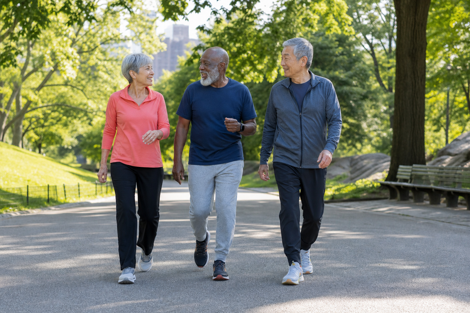 Older adults walking briskly together on a shaded park path