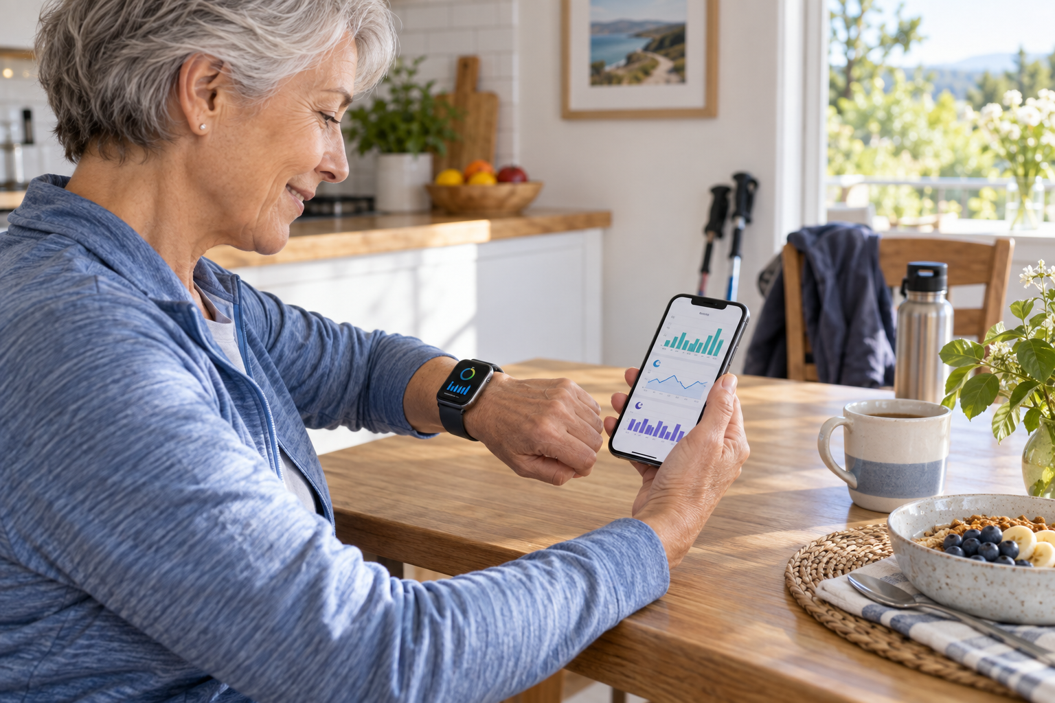 Editorial illustration of an older adult reviewing long-term activity and sleep trends on wearable devices