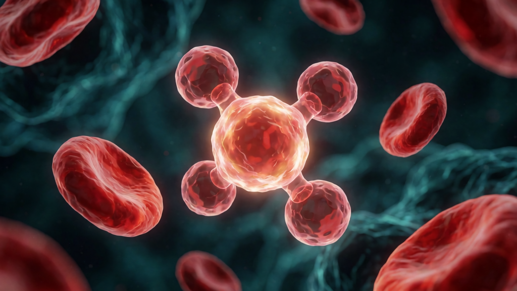 A stylized illustration of red blood cells recycling molecular precursors around a glowing NAD+ molecule.