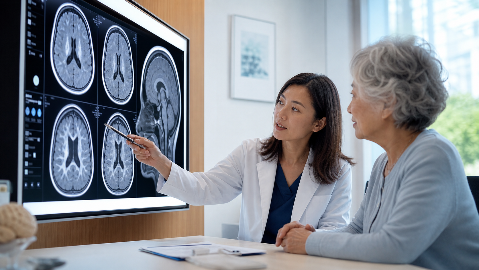 Neurologist reviewing a brain MRI with subtle white matter findings beside an older patient.