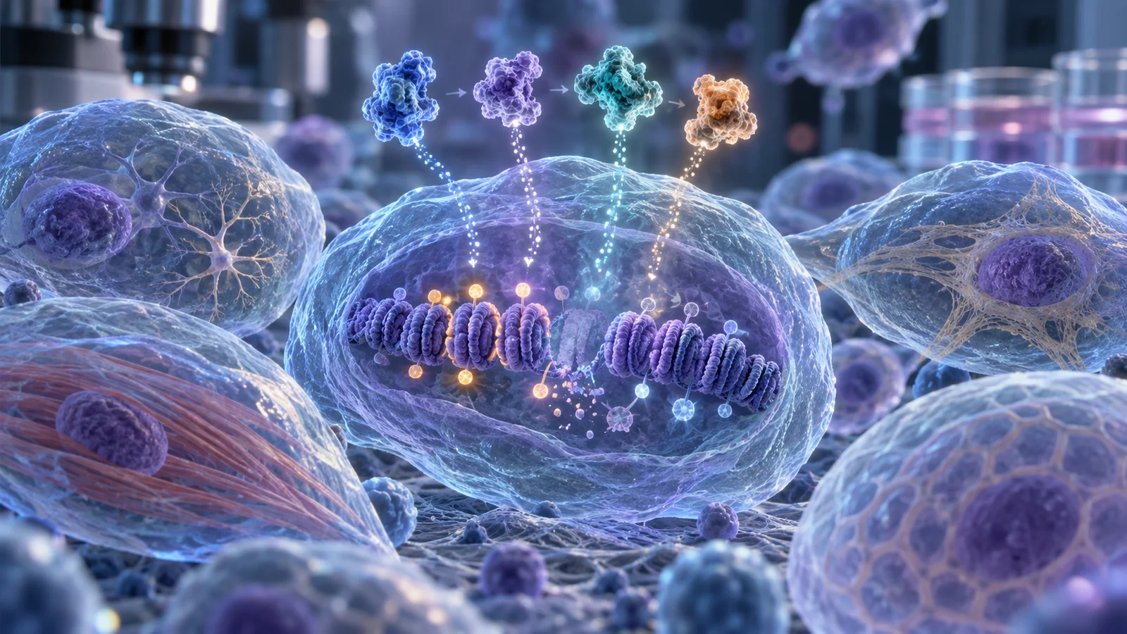 Gene editing visualization with CRISPR-like tools representing Yamanaka factor research